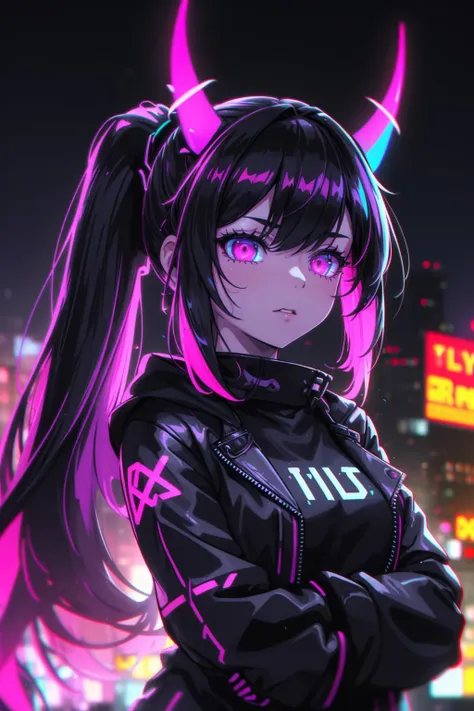 (masterpiece, best quality, chromatic aberration), 1girl, solo, long hair, ponytail, demon horns, horns, cyperpunk vibes, synthwave, city scrapper, night, neon, neon light, RTX, post processing, depth of field