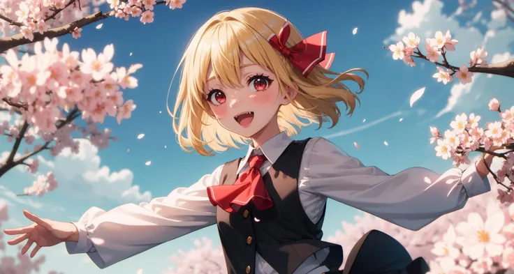 (masterpiece, best quality, detailed background, extremely detailed:1.5), glowing, BREAK 1girl, solo, (rumia, dress, red ascot, bow, short hair, :d, black fang, hair bow, spread arms, red eyes, bangs, collared shirt, red ribbon, ribbon, vest, long sleeves, skirt set, white shirt, black vest, darkness, necktie, shoes, hair ribbon, ascot, outstretched arms, blonde hair,:1.3), looking at viewer, sparkle, blush, upper body, claw pose, smile BREAK scenery, outdoors, sakura, cherry blossoms, falling petals, petals, cloud, sky BREAK depth of field, chromatic aberration, sidelighting, backlighting