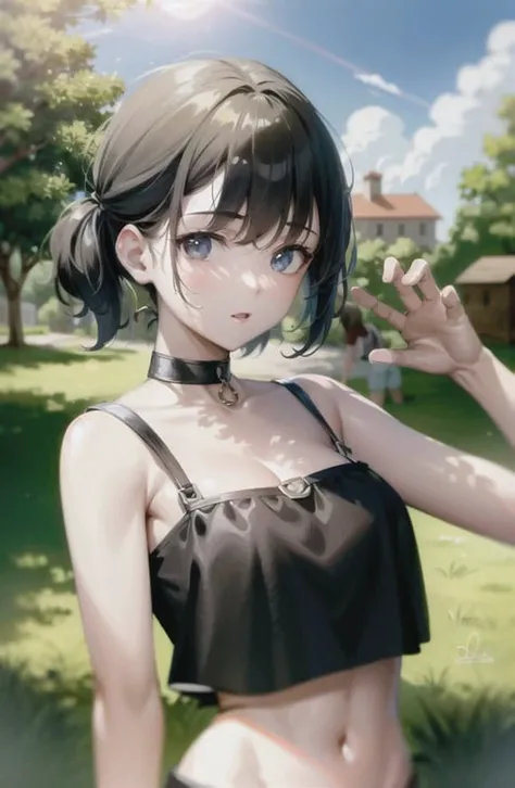 masterpiece, best quality, absurdres, perfect antomy, 1girl, outdoors, black choker, summer day, mid day, crop top, sunny, lens flare, neighborhood, half body shot