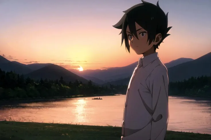 ray, neverland,1boy, (cowboy shot), (sunset), sky, nature, mountains, river, short hair, shirt, black hair, white shirt, male focus, collared shirt <lora:Ray:0.8>