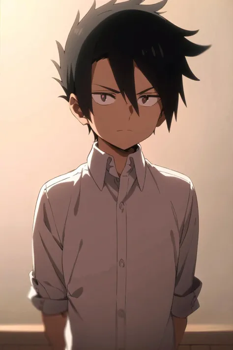 ray, neverland,1boy, solo, upper body, simple background, thinking, short hair, shirt, black hair, white shirt, male focus, collared shirt <lora:Ray:0.8>