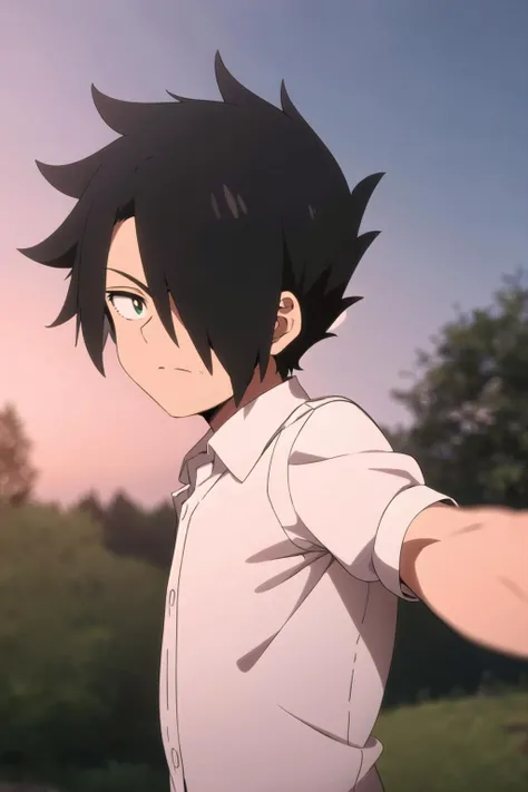 ray, neverland,1boy, solo, upper body, running, close up, side view, sky, outdoors, looking at viewer, short hair, shirt, black hair, white shirt, male focus, collared shirt, hair over one eye, <lora:Ray:0.8>