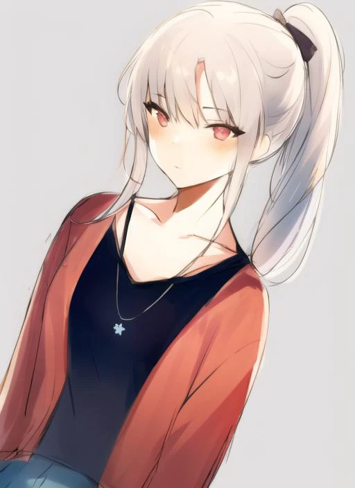 1girl, hime_cut, blunted_bangs, upper_body, necklace, ponytail, red_eyes, silver_hair, dress, collarbone, pleated_skirt,
highres, masterpiece, 1girl, eye contact, stare, skin_blush, gradient eyes, simple background, sketch lines, sketch, pastel, watercolor,
<lora:ipmya_style:1>
