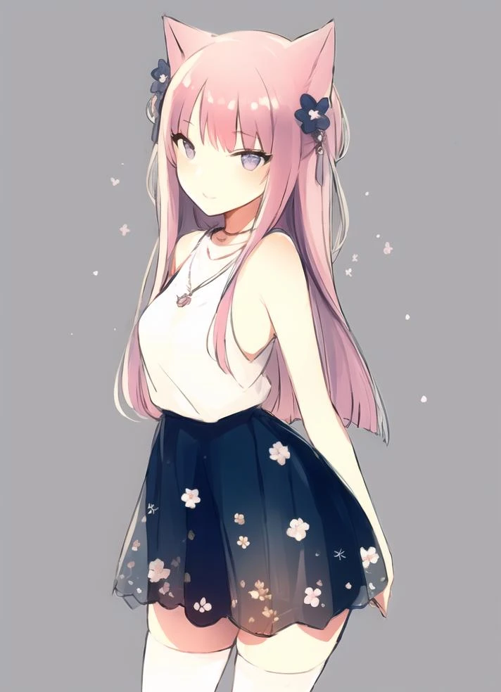 highres, masterpiece, 1girl, eye contact, stare, skin blush, gradient eyes, simple background, flower print dress, sketch lines, sketch, hime cut, blunted bangs, solo, necklace, pastel, watercolor, cat_ears, thighhighs, 
standing, arms_behind_back, happy, 
 <lora:ipmya_style:1>