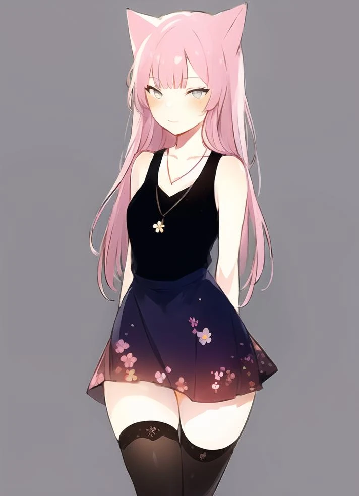 highres, masterpiece, 1girl, eye contact, stare, skin_blush, gradient eyes, simple background, flower print skirt, sleeveless, sketch lines, sketch, hime cut, blunted bangs, solo, necklace, pastel, watercolor, cat_ears, thighhighs, thighs, high-waist_skirt, 
standing, arms_behind_back, happy, 
 <lora:ipmya_style:1>