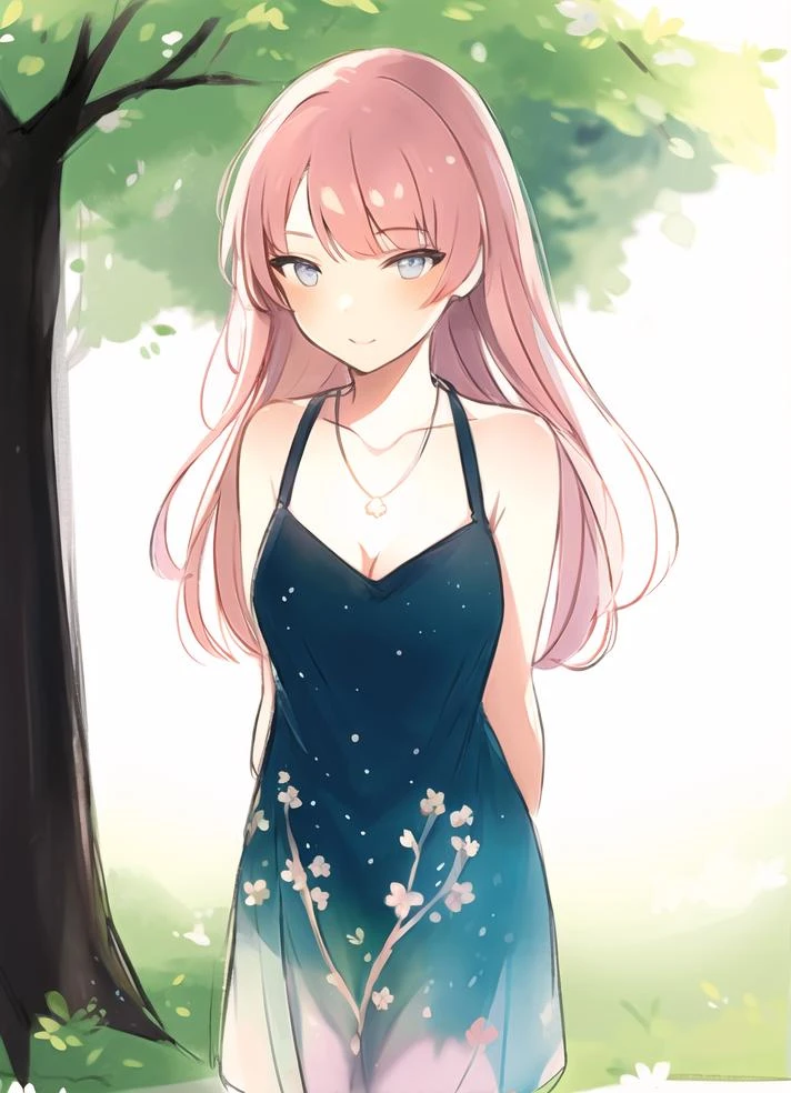 highres, masterpiece, 1girl, eye contact, stare, skin blush, gradient eyes, forest, flower print dress, sketch lines, sketch, hime cut, blunted bangs, solo, necklace, pastel, watercolor,
standing, arms_behind_back, happy, shade, large trees,
<lora:ipmya_style:0.8>
