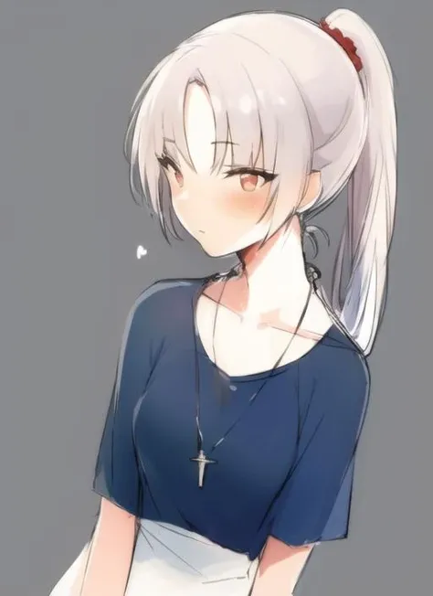 1girl, hime_cut, blunted_bangs, upper_body, necklace, ponytail, red_eyes, silver_hair, dress, collarbone, pleated_skirt, 
highres, masterpiece, 1girl, eye contact, stare, skin_blush, gradient eyes, simple background, sketch lines, sketch,  pastel, watercolor, 
<lora:ipmya_style:1>