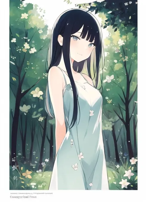 highres, masterpiece, 1girl, eye contact, stare, skin blush, gradient eyes, forest, flower print dress, sketch lines, sketch, cover art,  hime cut, blunted bangs, solo, 
standing, arms_behind_back, happy, shade, large trees, 
 <lora:ipmya_style:0.8>
