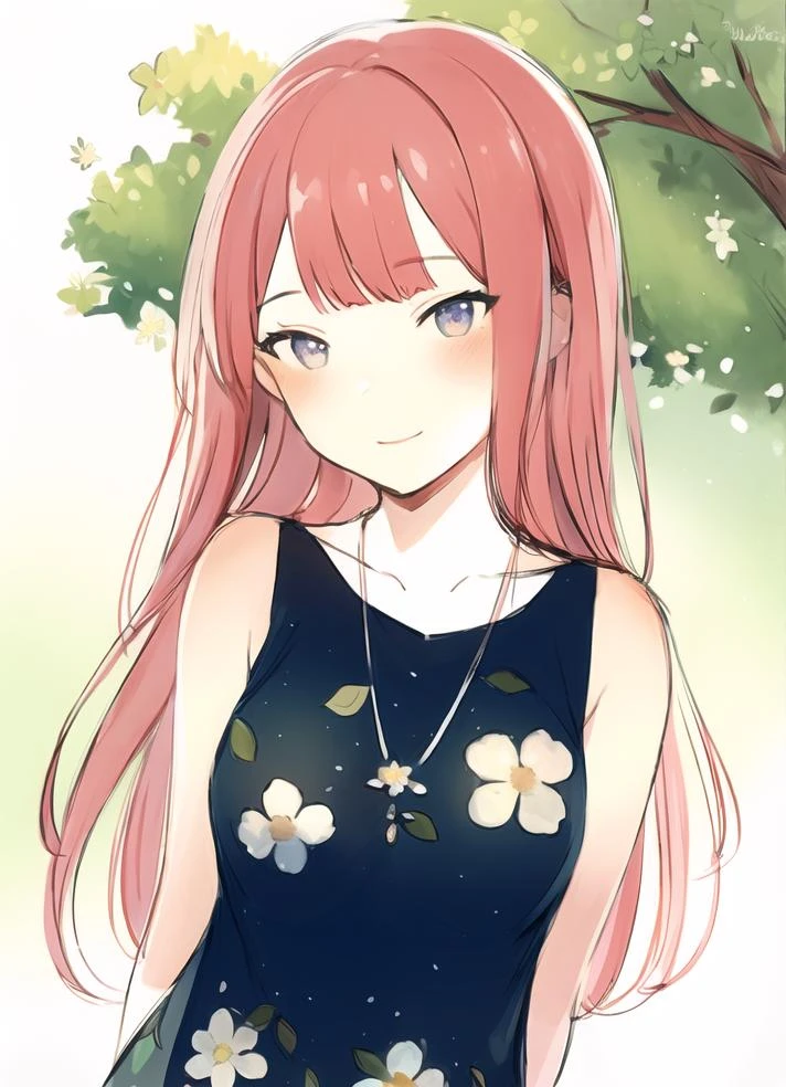 highres, masterpiece, 1girl, eye contact, stare, skin blush, gradient eyes, forest, flower print dress, sketch lines, sketch, hime cut, blunted bangs, solo, necklace, pastel, watercolor,
standing, arms_behind_back, happy, shade, large trees, close_up, face_focus,
<lora:ipmya_style:1>