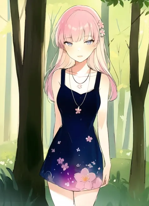highres, masterpiece, 1girl, eye contact, stare, skin blush, gradient eyes, forest, flower print dress, sketch lines, sketch, hime cut, blunted bangs, solo, necklace, pastel, watercolor,
standing, arms_behind_back, happy, shade, large trees,
<lora:ipmya_style:0.8>