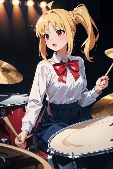 <lora:bocchi_nijikaijichi-10:1> ijichi nijika, side ponytail, school uniform, white shirt, red bow, long sleeves, blue skirt, blonde hair, red eyes,
masterpiece, best quality, absurdres, stage, playing drums, ((holding drumsticks))