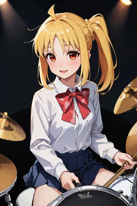 (masterpiece, best quality:1.2), solo, 1girl, ijichi nijika, smile, drumming, drum set, side ponytail, school uniform, white shirt, red bow, long sleeves, spotlight <lora:bocchi_nijikaijichi:1.0>