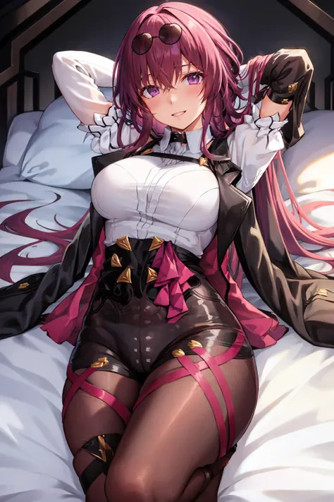 masterpiece, best quality, <lora:kafka-nvwls-v1-final:0.9> kafka, purple eyes, sunglasses on head, black jacket, collared shirt, black shorts, pantyhose, seiza, bed, arms behind head, smile <lora:rokushou-Style_1382560:1>