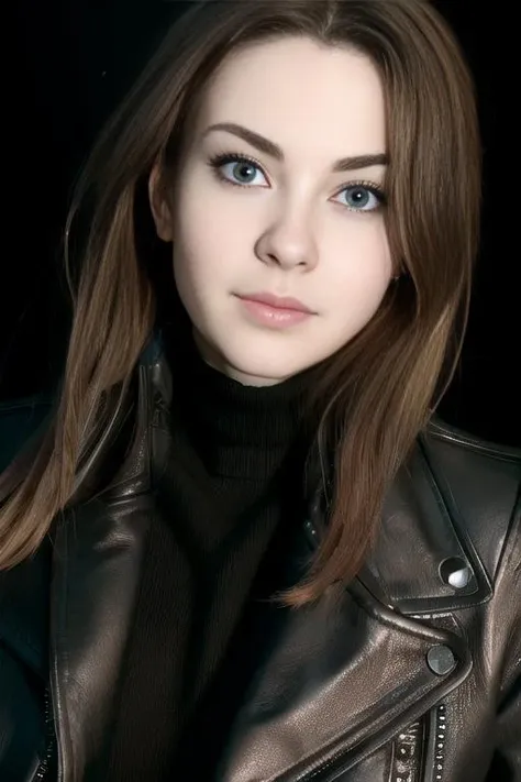 (8k, masterpiece, best quality, solo, sfw), ((Marta E)), (portrait, leather jacket, turtleneck), looking at camera, eyelines, eyeshadows, simple dark background, <lora:Marta_E_v1-10:0.95>