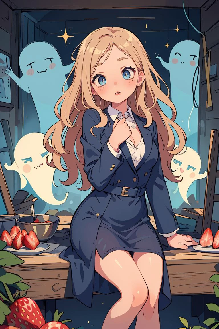 (masterpiece, best quality), Silk wrap dress with a fitted blazer, Belle, Average Height, Athletic, Diamond-Shaped Face, Olive Skin, Strawberry Blonde Hair, grey-blue Eyes, Straight Nose, Thick Lips, Round Chin, Shoulder-Length Hair, Fine Hair, Long Curly Hair, soft breasts, , shimmer metallic lipstick, an eerie, abandoned ghost town