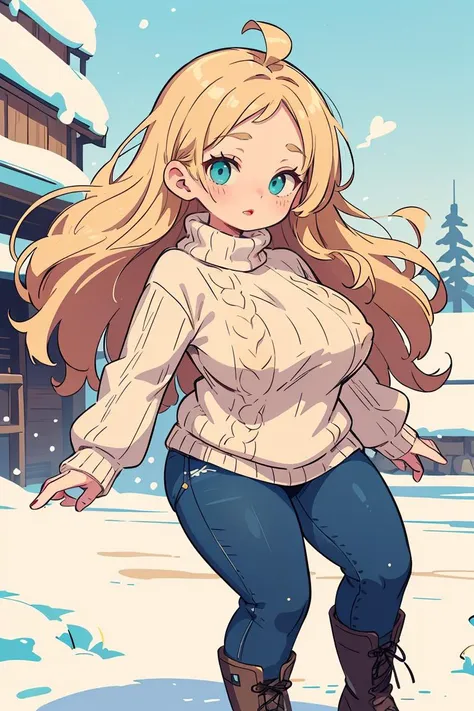 (masterpiece, best quality), winter, A chunky-knit sweater with jeans and combat boots, Escort, Short, Firm, Oval Face, Olive Skin, Golden Blonde Hair, turquoise Eyes, Wide Nose, Thin Lips, Round Chin, Long Hair, Thick Hair, Tapered Afro, saggy breasts, , red cream lipstick