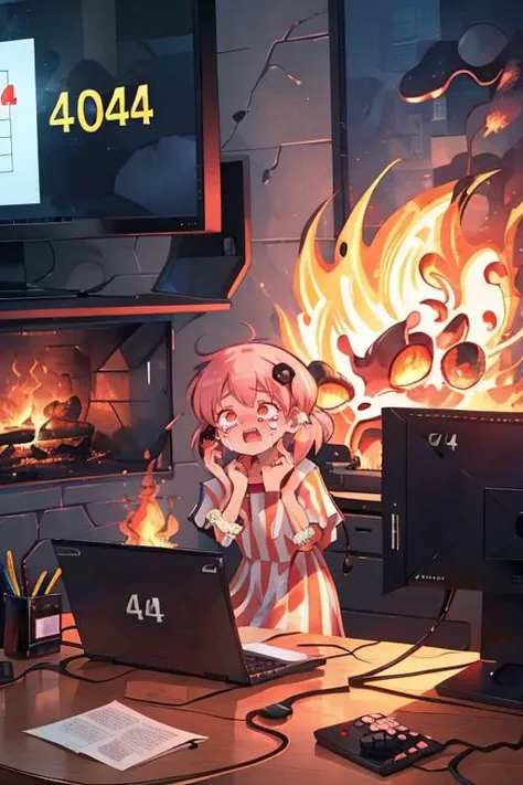 (masterpiece, best quality), 1girl, pink hair, crying, burning server, computer breakdown, technical problems, crack monitor, screen, ("4 0 4":1.5), fire,(fire:1.25), huge fire (fire:1.25), smoke. Computer blank screen is cracked, exploded, striped long dress, <lora:404:1>