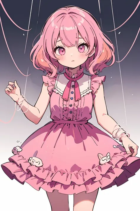 (masterpiece, best quality), 1girl, <lora:string-wasabiya:1> suspstring, pink hair, frilled dress,