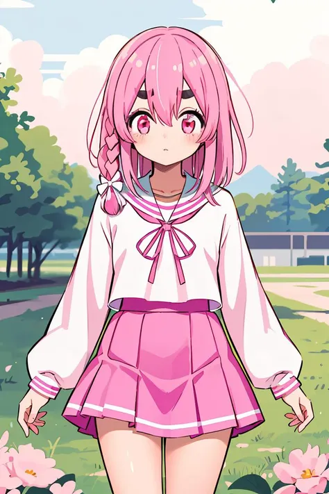 (masterpiece, best quality), 1girl, <lora:sumisakurasawapopochichi-lora-nochekaiser:1> sumi sakurasawa, bangs, (pink eyes:1.5), hair between eyes, pink hair, braid, hair bow, thick eyebrows, skirt, shirt, long sleeves, bow, ribbon, school uniform, white shirt, serafuku, sailor collar, red ribbon, neck ribbon, red skirt, white sailor collar,