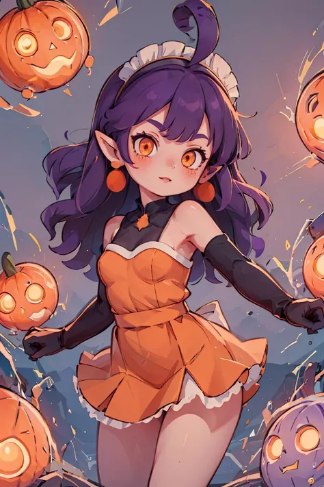 (masterpiece, best quality), 1girl, <lora:Stardust_Pumpkins_Citron_OC_Anime:1> Stardust_Pumpkins_Citron_OC, 1girl, solo, long purple hair, orange eyes, ahoge, pointy ears, orange dress, elbow gloves, bare shoulders, maid headdress, jewelry, earrings