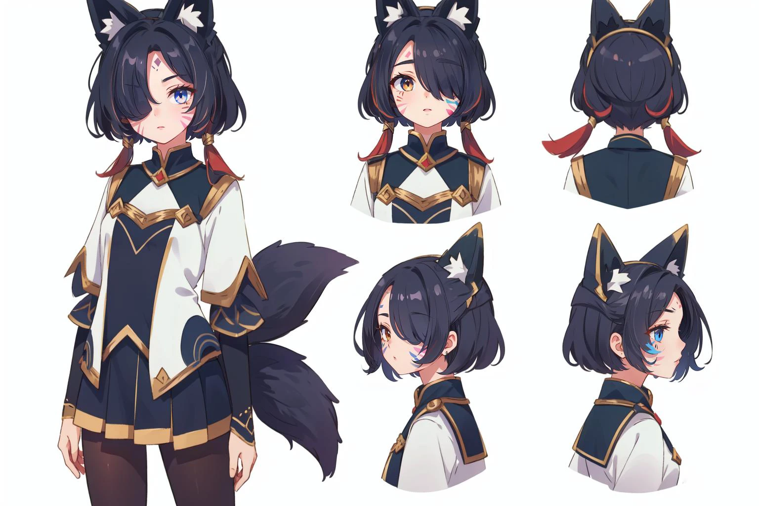 (masterpiece, best quality), intricate details,
<lora:AhriCoven:0.8> IncrsAhriCoven, facial mark, hair over one eye, fox tail, multiple tails, pantyhose, boots
reference sheet, simple background,
<lora:TailsFixer:1> IncrsTailsFixer, fox tail, multiple tails