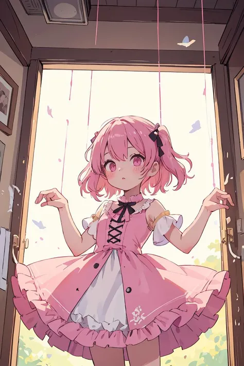 (masterpiece, best quality), 1girl, <lora:string-wasabiya:1> suspstring, pink hair, frilled dress,