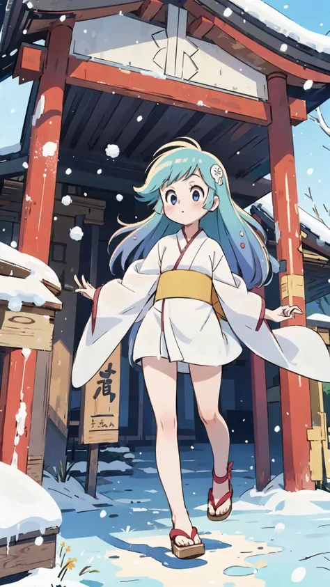 (masterpiece, best quality), 1girl, yukikomera, shrine, snow, short kimono, long hair, dynamic view, <lora:EMS-54996-EMS:0.800000>
