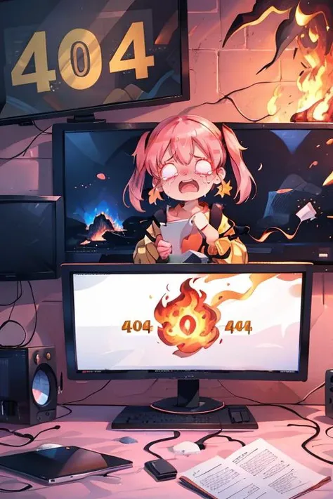 (masterpiece, best quality), 1girl, pink hair, crying, burning server, computer breakdown, technical problems, crack monitor, screen, ("4 0 4":1.5), fire,(fire:1.25), huge fire (fire:1.25), smoke. Computer blank screen is cracked, exploded, striped long dress, <lora:404:1>