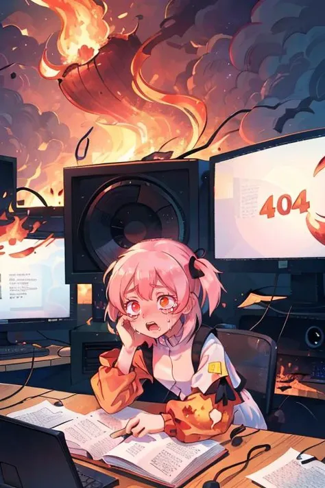(masterpiece, best quality), 1girl, pink hair, crying, burning server, computer breakdown, technical problems, crack monitor, screen, ("4 0 4":1.5), fire,(fire:1.25), huge fire (fire:1.25), smoke. Computer blank screen is cracked, exploded, striped long dress, <lora:404:1>
