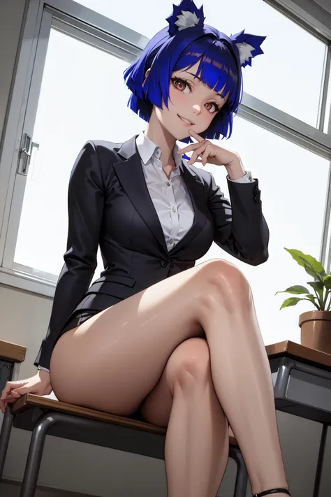 (masterpiece, best quality), indoors, office, window, 1girl, solo, GrisVertigris, <lora:GrisVertigris_V1-Manityro-Dadapt:1.0>, toned, naughty face, seductive smile, business suit, sitting, on desk, crossed legs,