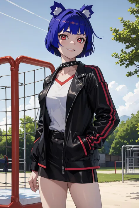 (masterpiece, best quality), outdoors, playground, cowboy shot, 1girl, solo, GrisVertigris, spiked hair, <lora:GrisVertigris_V1-Manityro-Dadapt:1.0>, toned, smile, black jacket, open jacket, long sleeves, white shirt, black choker