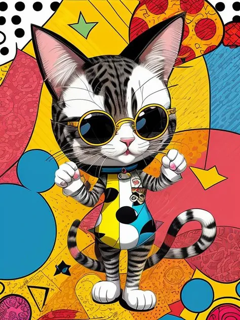 painting of a (cartoonish cat wearing round sunglasses), geometric, circles, hearts, polka dot, vector art, abstract intricate background, patterns, shapes, stripes, hearts, circles, (flat colors), (solid colors), sharp focus, HD, UHD, 8K, 8K textures, perfect lines, vector graphics, award-winning, yellow theme<lora:brittostyle:0.6> <lora:more_details:0.8>
