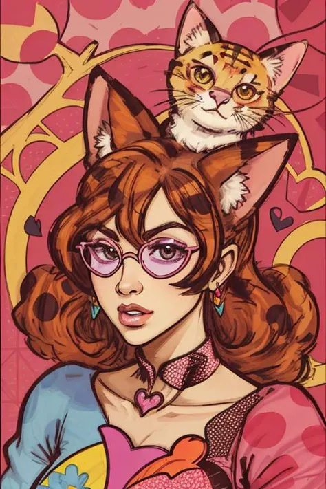 painting, portrait of antropomorphic cat, wearing sunglasses, no human, animal focus, (geometric, circles, hearts, polka dot), vector art, abstract background, patterns<lora:brittostyle:0.75>
