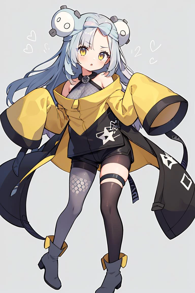 (masterpiece, best quality), 1girl, <lora:iono_outfit:0.8> iono_outfit, oversized clothing, jacket, yellow jacket, wide sleeves, sleeves past wrists, black shorts, grey pantyhose, boots, single leg pantyhose, thigh strap