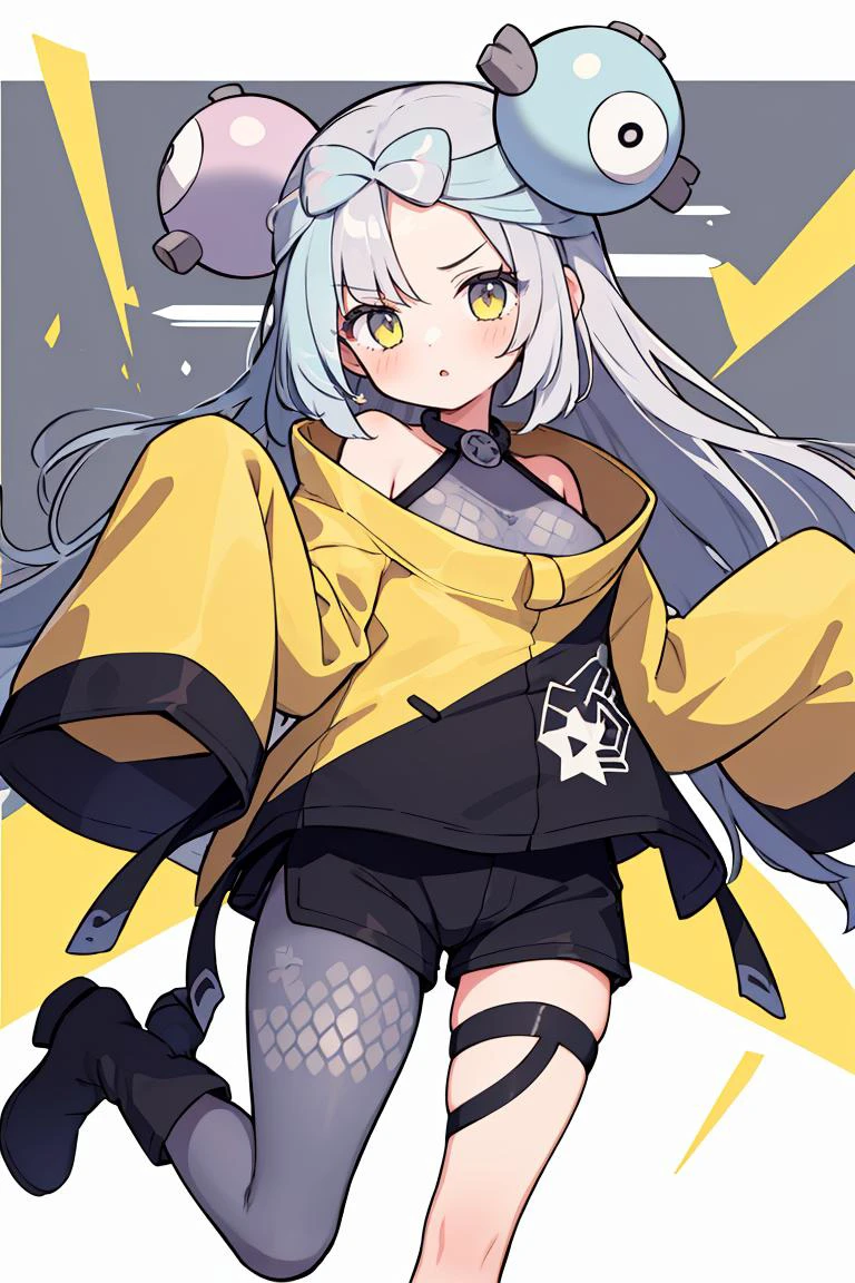 (masterpiece, best quality), 1girl, <lora:iono_outfit:0.8> iono_outfit, oversized clothing, jacket, yellow jacket, wide sleeves, sleeves past wrists, black shorts, grey pantyhose, boots, single leg pantyhose, thigh strap