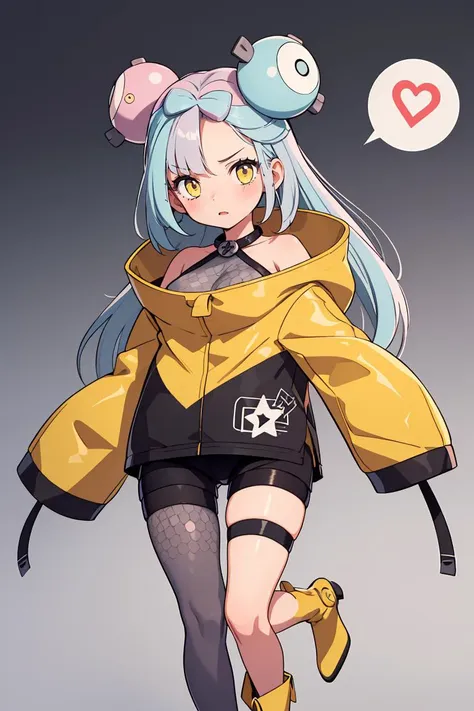 (masterpiece, best quality), 1girl,   <lora:iono_outfit:0.8> iono_outfit, oversized clothing, jacket, yellow jacket, wide sleeves, sleeves past wrists, black shorts, grey pantyhose, boots, single leg pantyhose, thigh strap