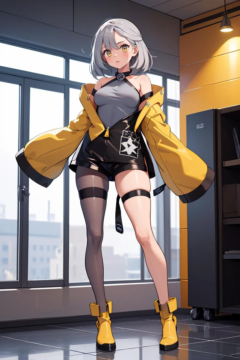 (masterpiece, best quality), 1girl, <lora:iono_outfit:0.8> iono_outfit, oversized clothing, jacket, yellow jacket, wide sleeves, sleeves past wrists, black shorts, grey pantyhose, boots, single leg pantyhose, thigh strap