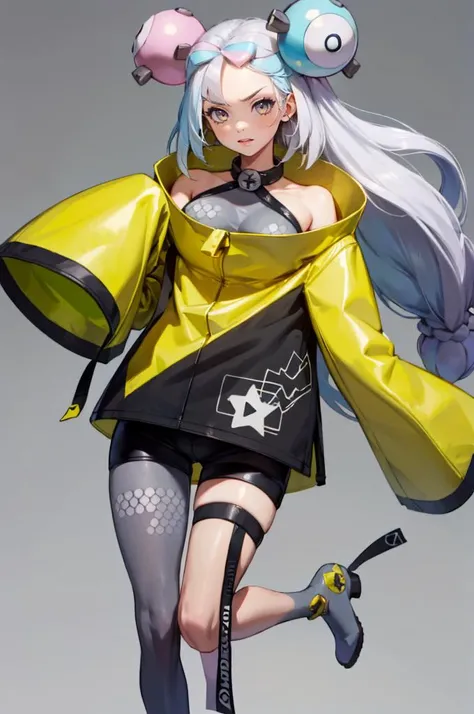 <lora:iono_outfit-10:1> iono_outfit, oversized clothing, jacket, yellow jacket, wide sleeves, sleeves past wrists, black shorts, grey pantyhose, boots, single leg pantyhose, thigh strap,, absurdres, ultra detailed, masterpiece, best quality, aesthetic, detailed,, serious, 1girl, (white eyes:1.1), (grey eyes:1.3), white hair, very long hair, parted hair, parted bangs, <lora:parted_hair_v1.3:1.3>, medium breasts,