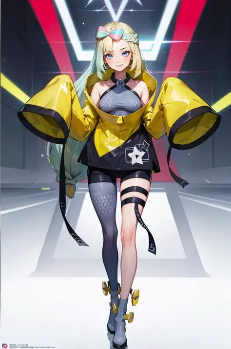 <lora:iono_outfit-10:1> iono_outfit, oversized clothing, jacket, yellow jacket, wide sleeves, sleeves past wrists, black shorts, grey pantyhose, boots, single leg pantyhose, thigh strap,, absurdres, ultra detailed, masterpiece, best quality, aesthetic, detailed,, solo, soft smile, light smile,
katya1, 1girl, blue eyes, very long hair, blonde hair, long blonde hair, french braid, bangs, medium breasts,