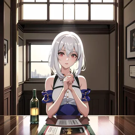 (masterpiece) 1girl, (8k, RAW photo, best quality, ultra high res, photorealistic, ultra-detailed), getting drunk, restaurant, ((empty bottles)), ninym ralei, white hair, temple, heavenly light, beautiful windows, 20s <lora:ninym1:1>