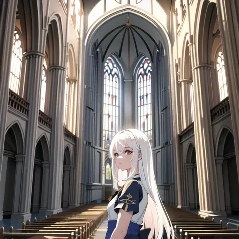 (masterpiece) 1girl, (8k, RAW photo, best quality, ultra high res, photorealistic, ultra-detailed), ninym ralei, white hair, church, temple, catedral, heavenly light, beautiful windows, 20s <lora:ninym1:1>