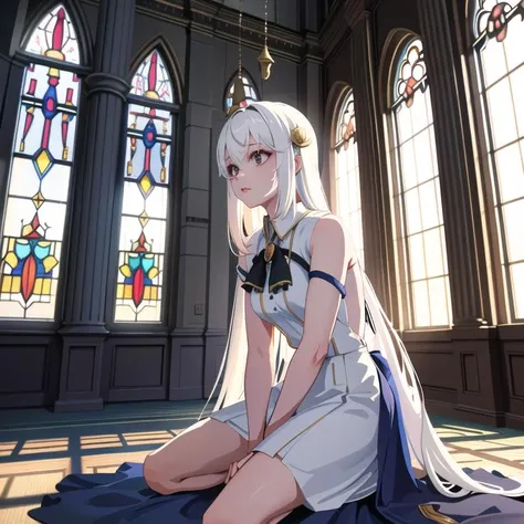 (masterpiece) 1girl, (8k, RAW photo, best quality, ultra high res, photorealistic, ultra-detailed), ninym ralei, white hair, church, temple, catedral, heavenly light, beautiful windows, 20s <lora:ninym1:1>