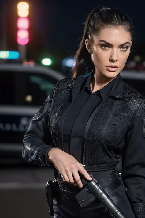 photo of S145_MarleyBrinx, a stylish woman, as a (cop:1.25), on a (crime-scene:1.25), wearing a (police-uniform:1.25), shirt, jacket, pants, (ponytail:1.2), (8k, RAW photo, best quality, depth of field, ultra high res:1.2), (absurdres, intricate, photorealistic, masterpiece, ultra-detailed:1.3)
