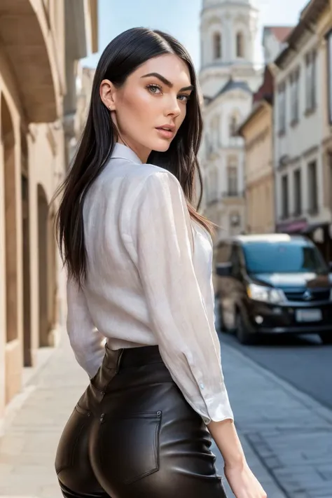photo of S145_MarleyBrinx, a stunning woman, in a (town:1.2), (townscape:1.2), wearing a (linen-shirt:1.2) and (leather-pants:1.1), (8k, RAW photo, best quality, depth of field, ultra high res:1.2), (absurdres, intricate, photorealistic, masterpiece, ultra-detailed:1.3)