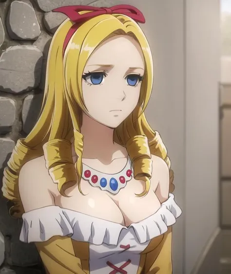 EPSILYB, 1girl, solo, cleavage, necklace, yellow dress, white dress, hair ribbon, bare shoulders, off-shoulder dress, red ribbon, upper body, closed mouth, expressionless, bags under eyes, frills, collarbone, detached sleeves, forehead, wall, looking away, <lora:EPSILON_YELLOW_V2:0.8>