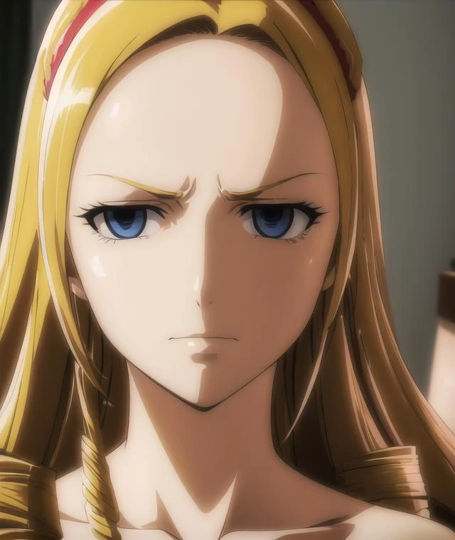 EPSILYB, 1girl, solo, looking at viewer, portrait, parody, frown, closed mouth, anime coloring, serious, close-up, expressionless, forehead, indoors, <lora:EPSILON_YELLOW_V2:0.8>
