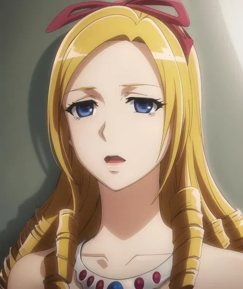 EPSILYB, 1girl, solo, open mouth, necklace, hair ribbon, collarbone, bare shoulders, portrait, looking up, anime coloring, parody, red ribbon, indoors, questioner look, <lora:EPSILON_YELLOW_V2:0.8>