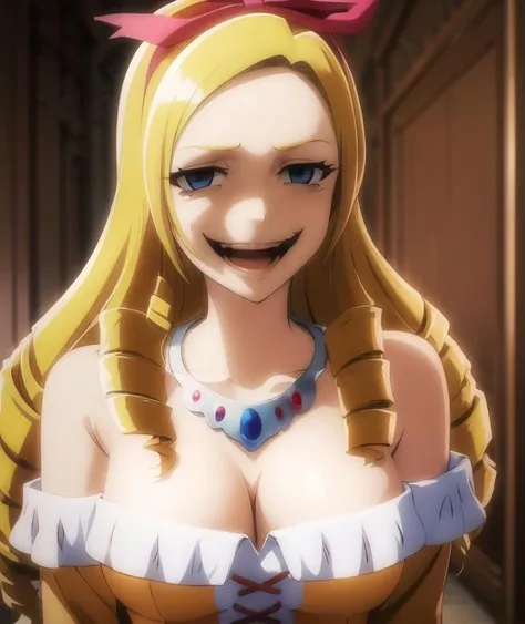 EPSILYB, 1girl, solo, cleavage, smile, necklace, open mouth, upper body, collarbone, looking at viewer, off-shoulder dress, bare shoulders, hair ribbon, parody, yellow dress, white dress, :d, indoors, smug, evil smile, red ribbon, detached sleeves, meme, smirk, blurry background, <lora:EPSILON_YELLOW_V2:0.8>