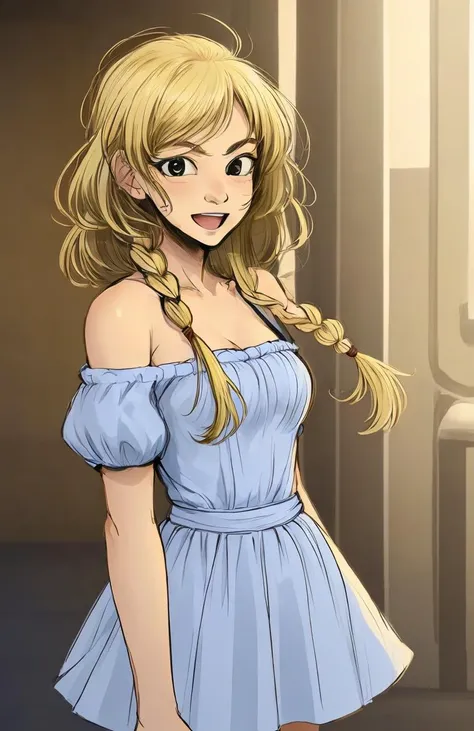 girl, blonde, braid, happy, <lora:Black_INk-000008:.9>,