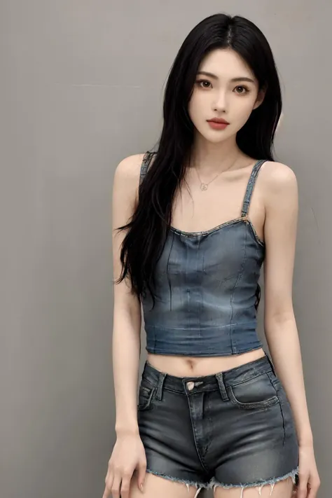 masterpiece, best quality, 1girl, cowboy shot, arms behind back, pantyhose, makeup, tank top, parted lips, grey background, black hair, denim shorts, arms behind back,
<lora:1saye_v1-000009:0.75>